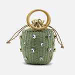 Luna Mini Gem - Embellished Bucket Bag – Woven Handle Purse - in Green | Arvea Bags