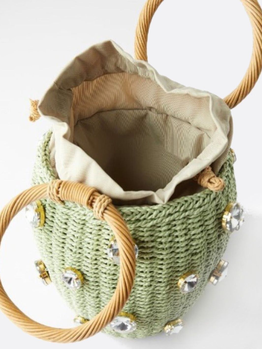 Luna Mini Gem - Embellished Bucket Bag – Woven Handle Purse - in Green | Arvea Bags