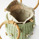 Luna Mini Gem - Embellished Bucket Bag – Woven Handle Purse - in Green | Arvea Bags