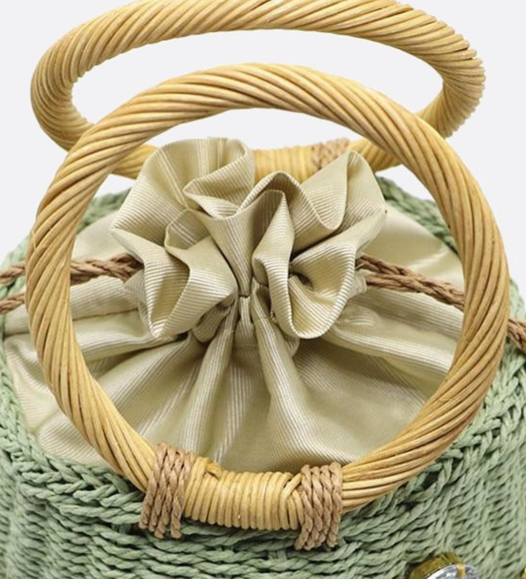 Luna Mini Gem - Embellished Bucket Bag – Woven Handle Purse - in Green | Arvea Bags