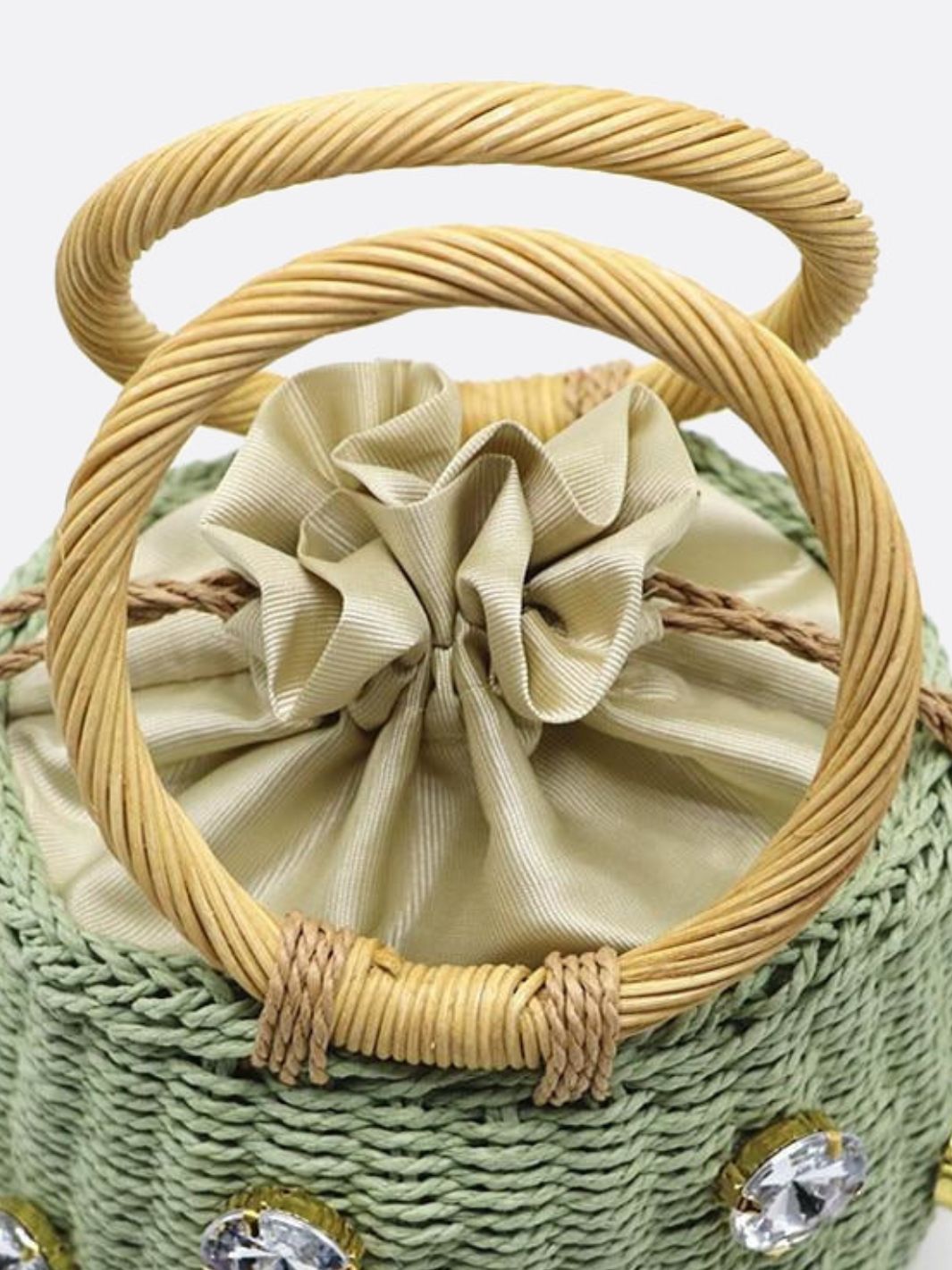 Luna Mini Gem - Embellished Bucket Bag – Woven Handle Purse - in Green | Arvea Bags