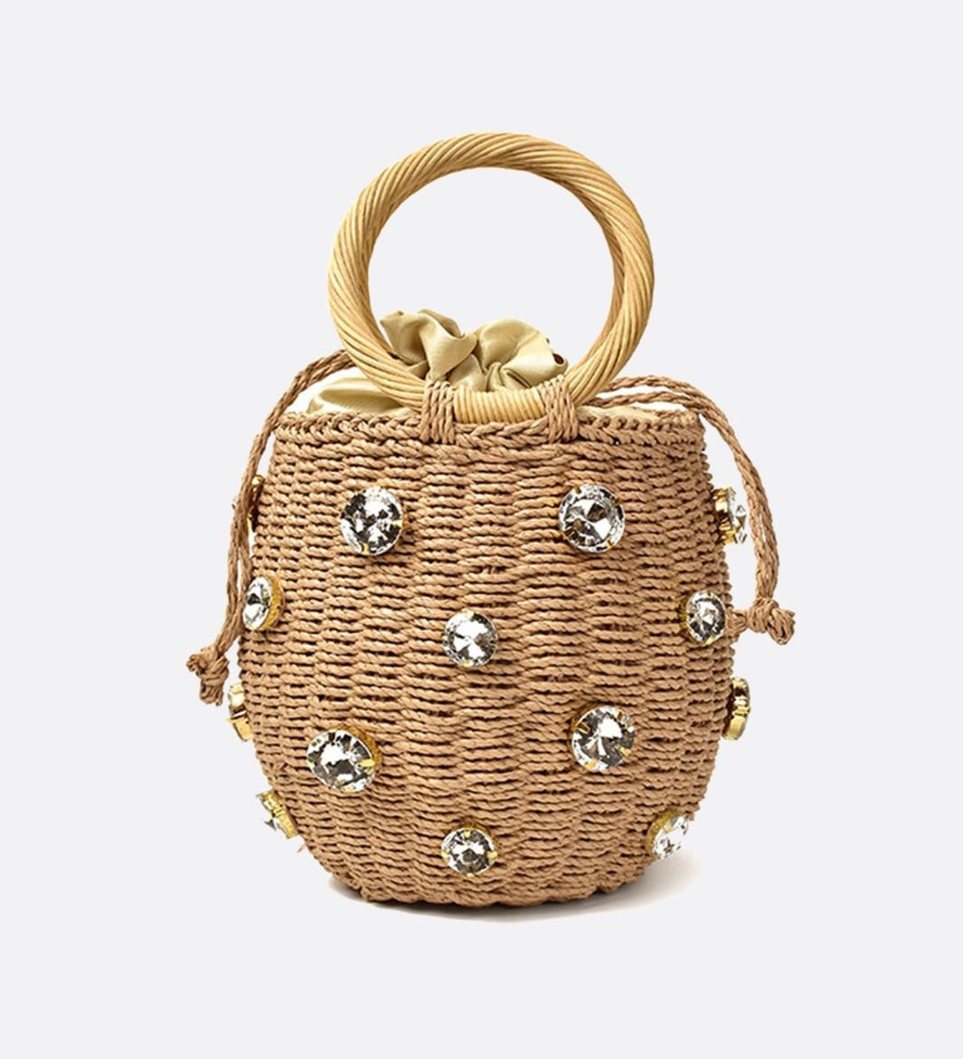 Luna Mini Gem - Embellished Bucket Bag – Woven Handle Purse - in Light Brown | Arvea Bags