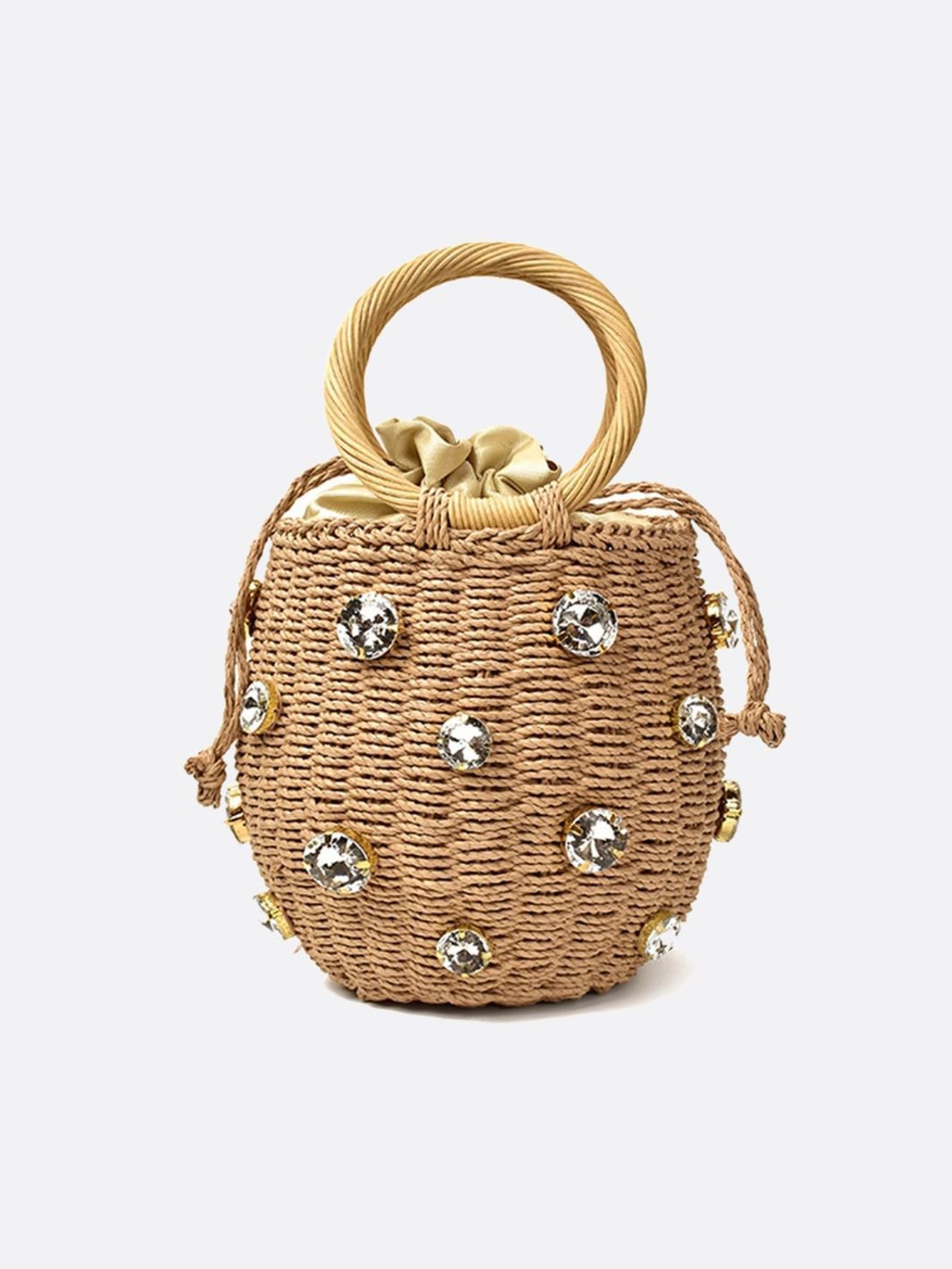 Luna Mini Gem - Embellished Bucket Bag – Woven Handle Purse - in Light Brown | Arvea Bags