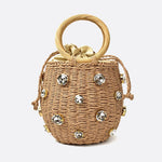 Luna Mini Gem - Embellished Bucket Bag – Woven Handle Purse - in Light Brown | Arvea Bags