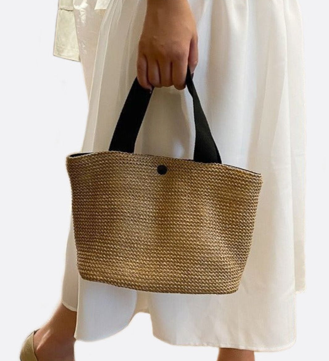 Luna Mini Straw Tote – Natural Woven Handbag - in Black | Arvea Bags