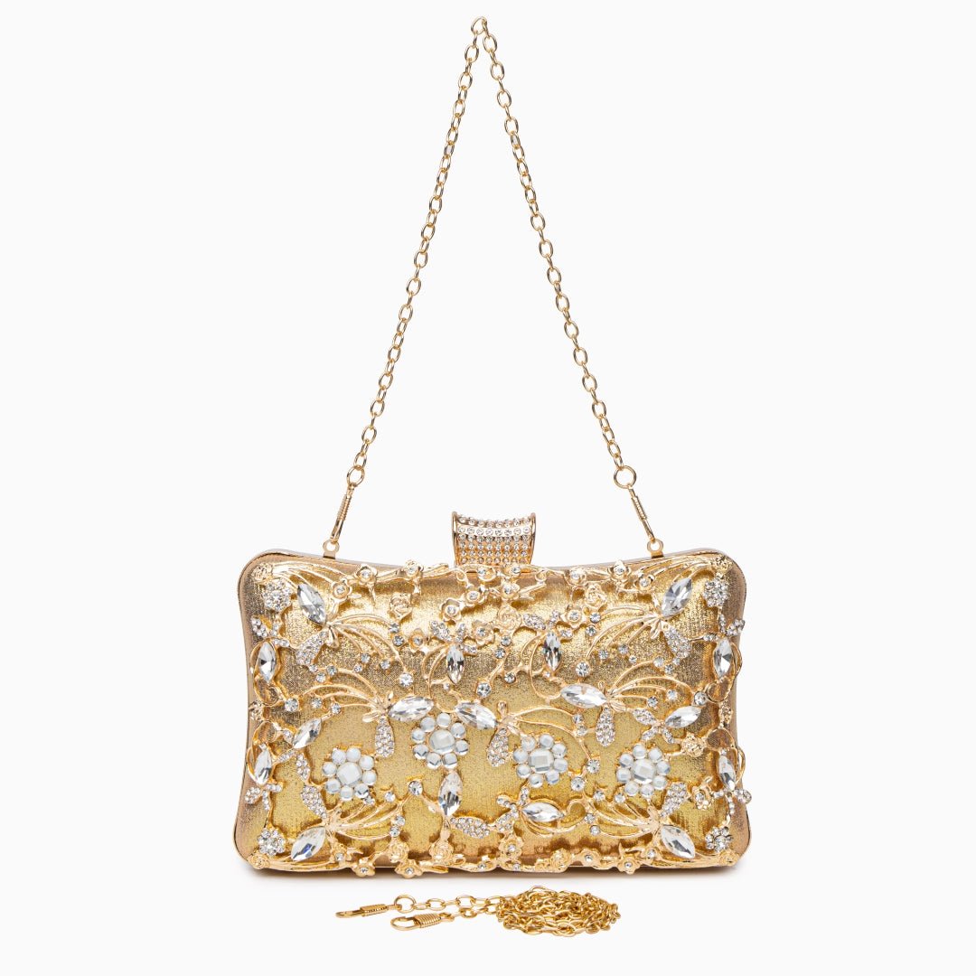 Lunara | Ornate Floral Crystal Clutch – Luxurious & Elegant Design - in Gold | Arvea Bags