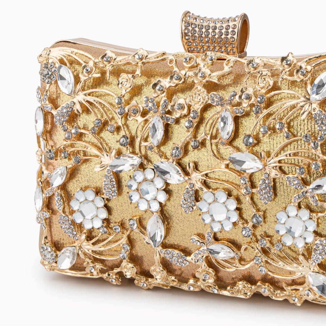 Lunara | Ornate Floral Crystal Clutch – Luxurious & Elegant Design - in Gold | Arvea Bags