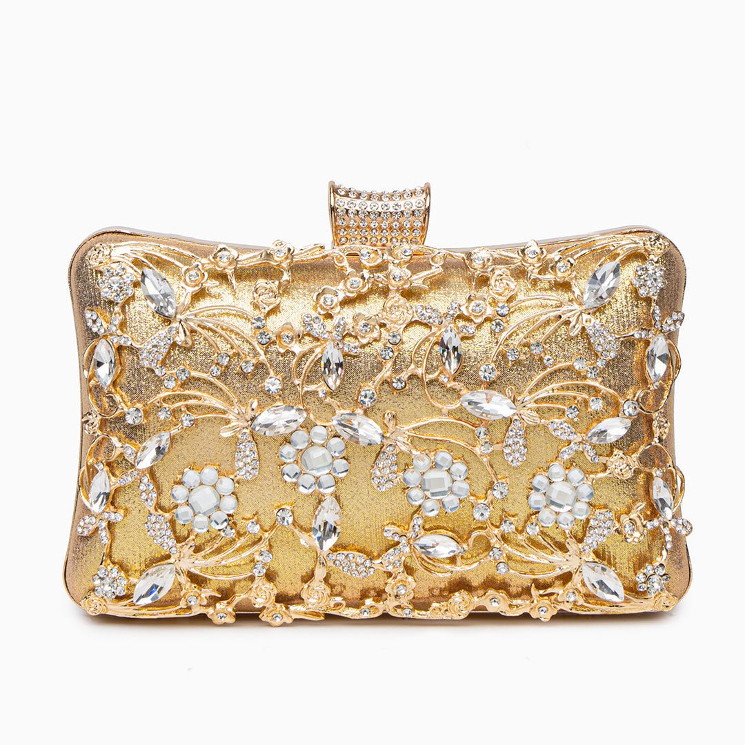 Lunara | Ornate Floral Crystal Clutch – Luxurious & Elegant Design - in Gold | Arvea Bags
