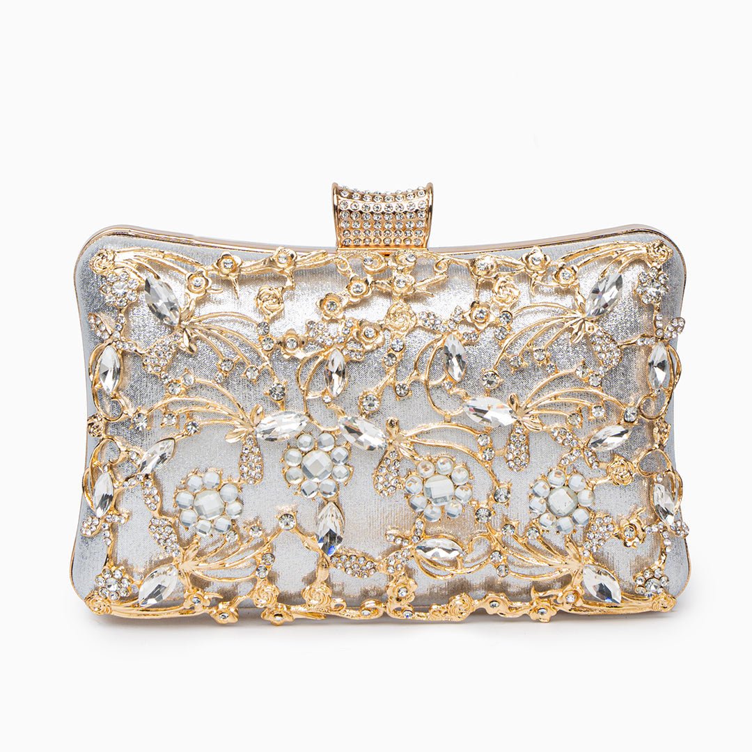 Lunara | Ornate Floral Crystal Clutch – Luxurious & Elegant Design - in Silver | Arvea Bags