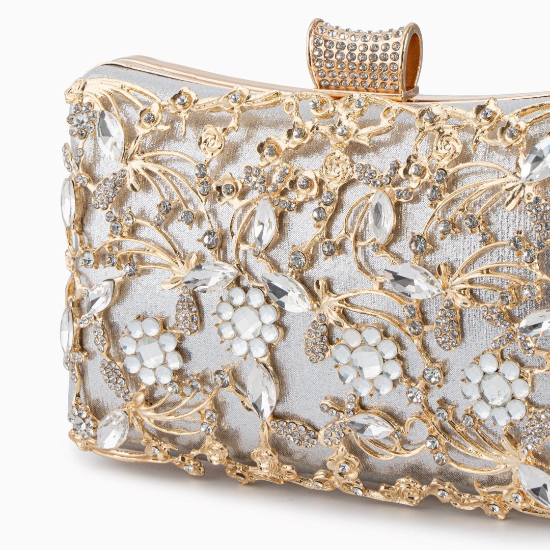 Lunara | Ornate Floral Crystal Clutch – Luxurious & Elegant Design - in Silver | Arvea Bags