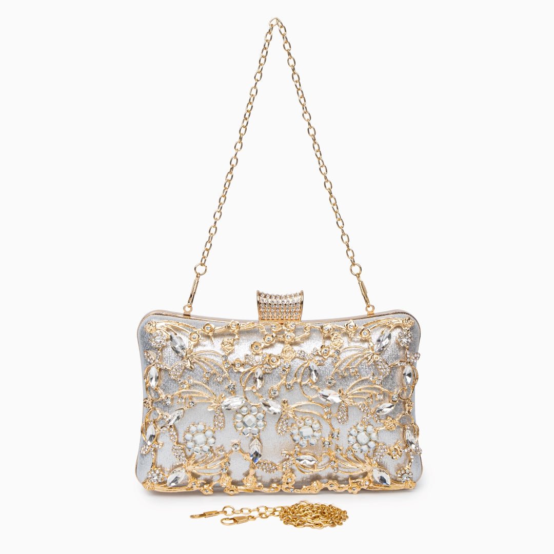 Lunara | Ornate Floral Crystal Clutch – Luxurious & Elegant Design - in Silver | Arvea Bags