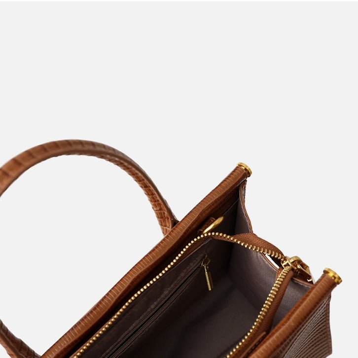 Lunaria | Elegant Croc - Embossed Leather Handbag - in Brown | Arvea Bags