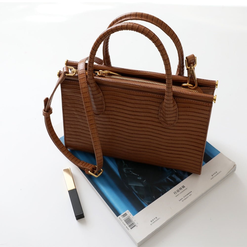 Lunaria | Elegant Croc - Embossed Leather Handbag - in Brown | Arvea Bags