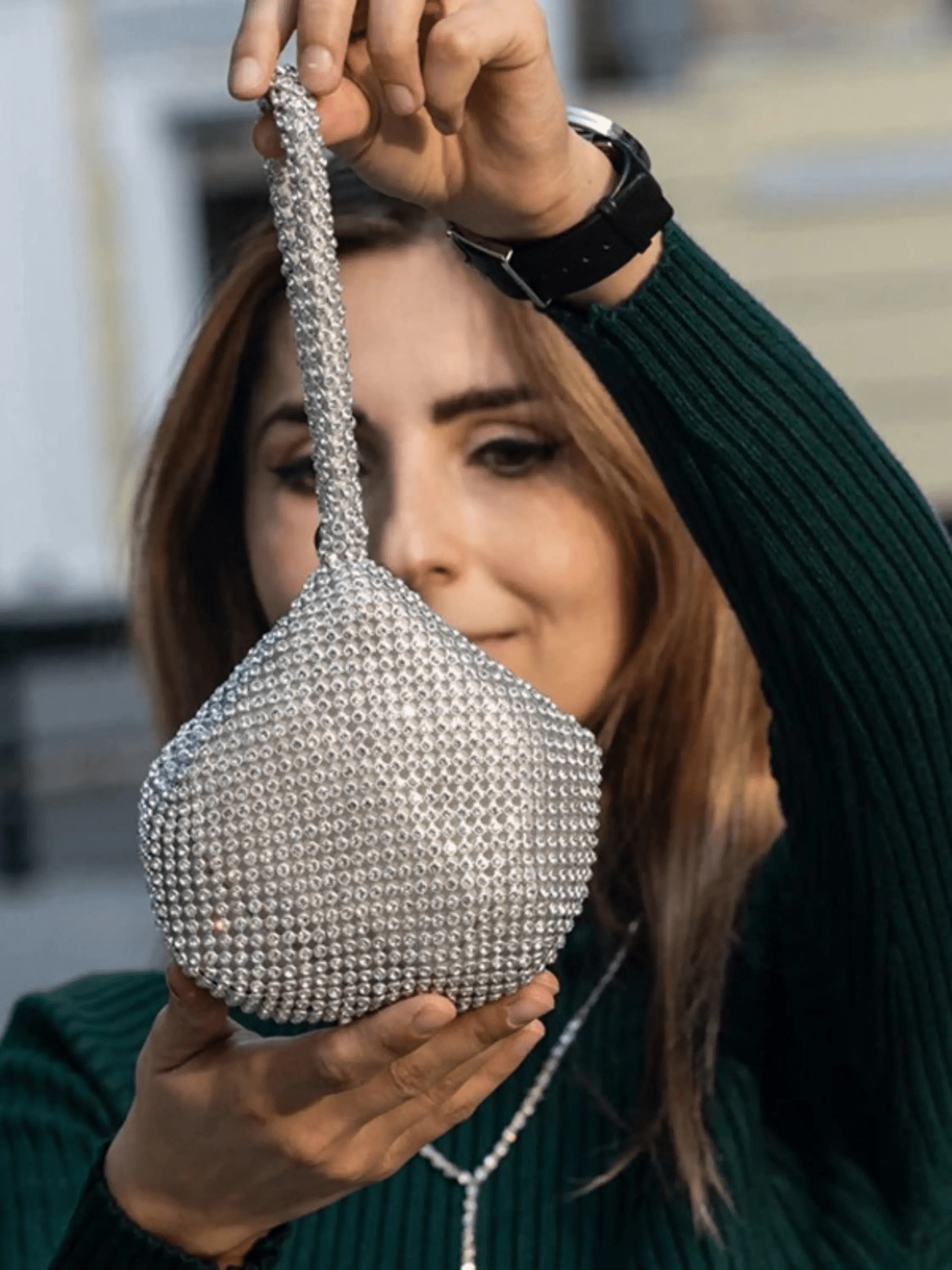 Luxe | Silver Crystal Mesh Knot Bag – Glamorous & Eye - Catching - in Gold | Arvea Bags