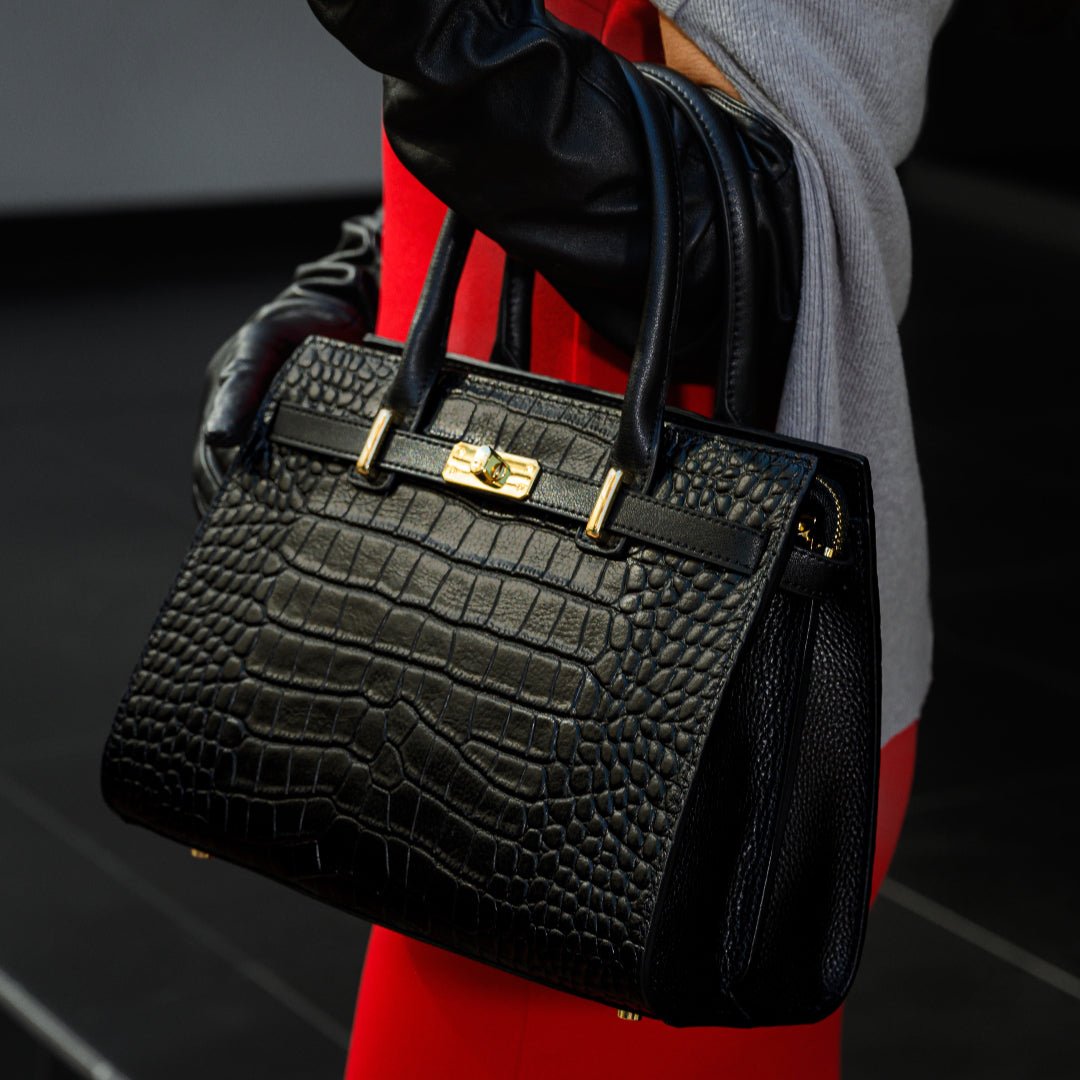 Luxury Black Croc - Embossed Leather Handbag – Elegant Designer Tote for Women - in Black | Arvea Bags