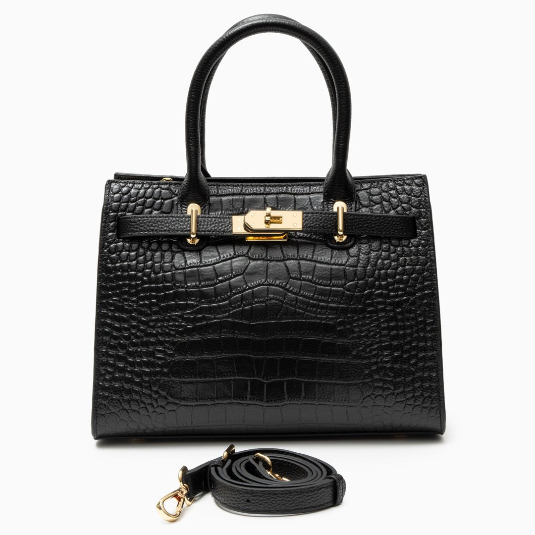 Luxury Black Croc - Embossed Leather Handbag – Elegant Designer Tote for Women - in Black | Arvea Bags