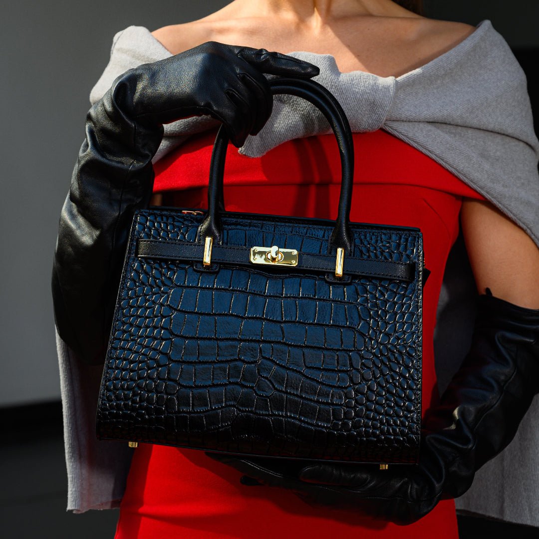 Luxury Black Croc - Embossed Leather Handbag – Elegant Designer Tote for Women - in Black | Arvea Bags