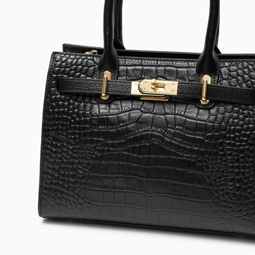 Luxury Black Croc - Embossed Leather Handbag – Elegant Designer Tote for Women - in Black | Arvea Bags
