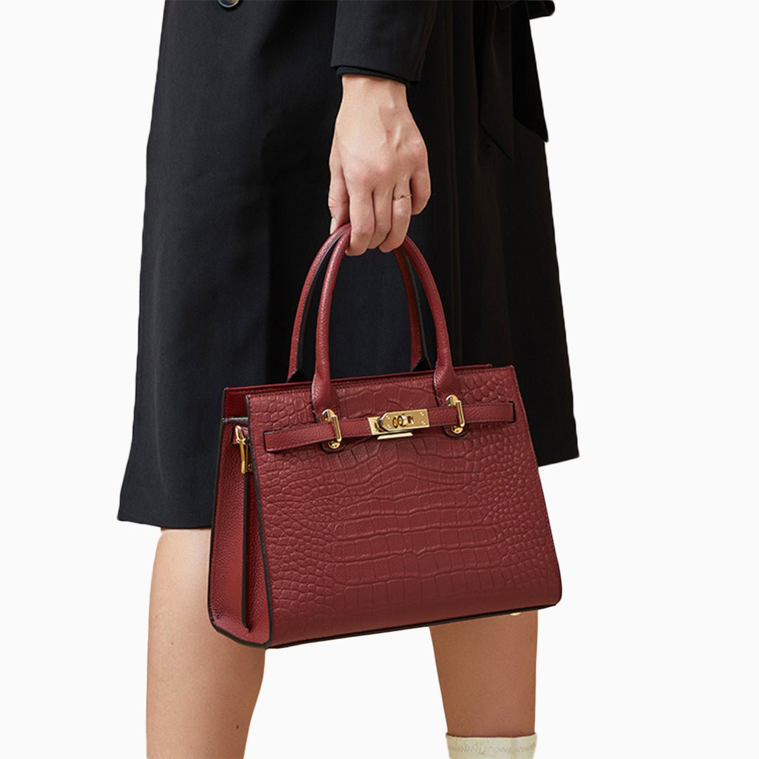 Luxury Black Croc - Embossed Leather Handbag – Elegant Designer Tote for Women - in Burgundy | Arvea Bags