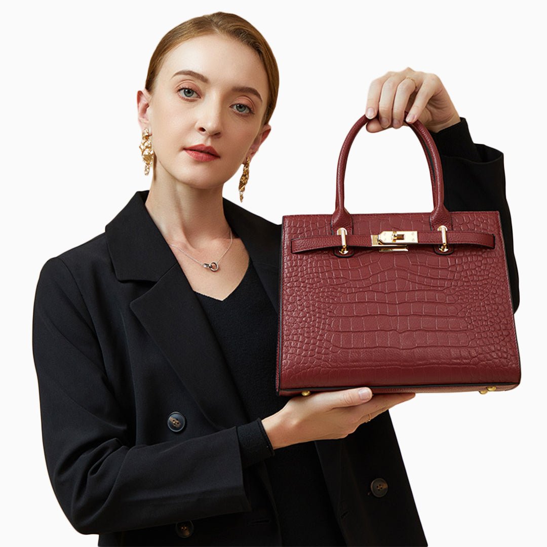 Luxury Black Croc - Embossed Leather Handbag – Elegant Designer Tote for Women - in Burgundy | Arvea Bags