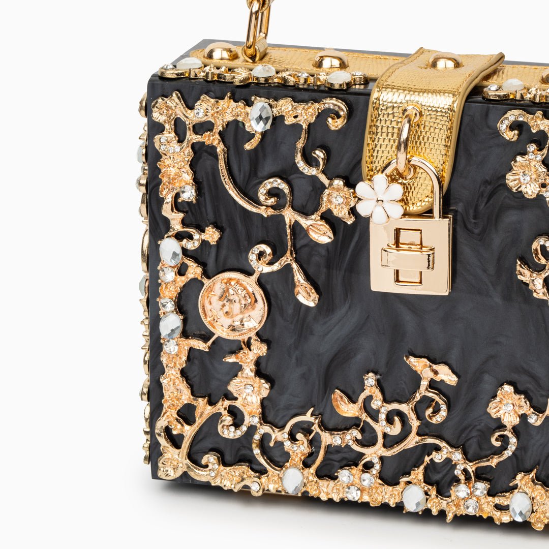 Luxury Gold Embellished Acrylic Evening Clutch Bag – Designer Box Purse for Weddings & Special Occasions - in Black | Arvea Bags