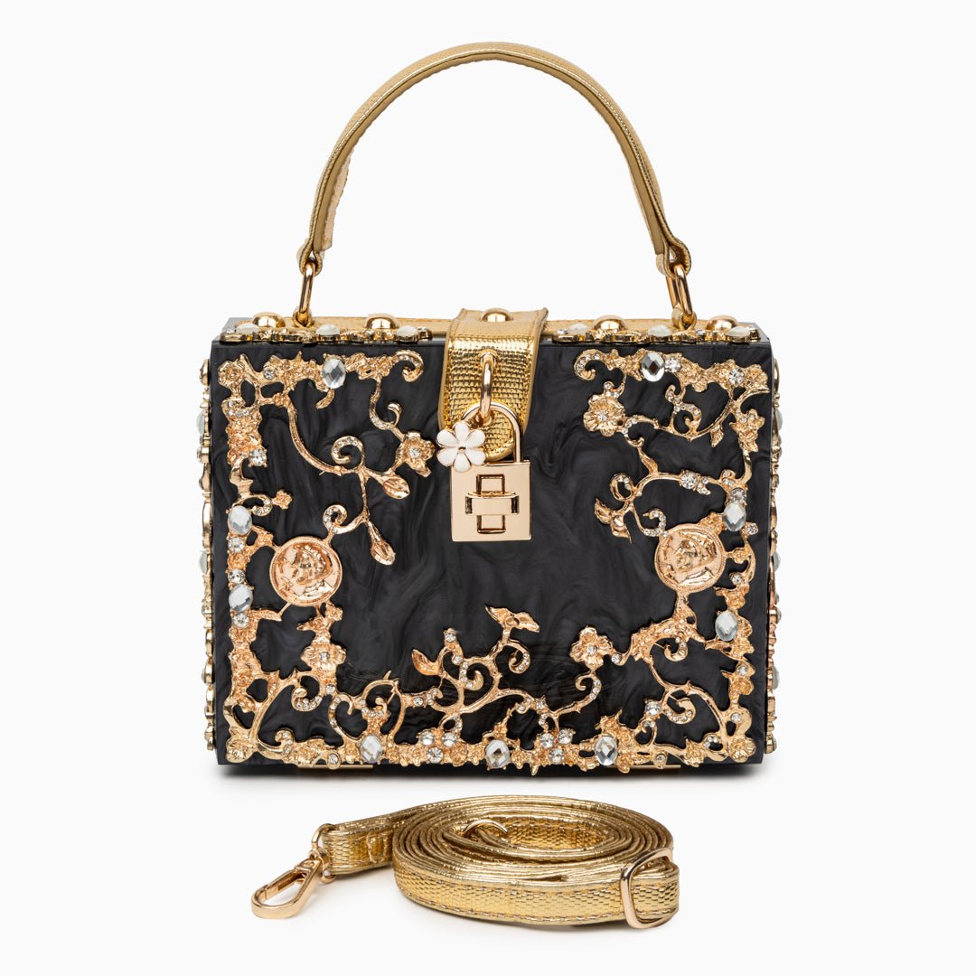 Luxury Gold Embellished Acrylic Evening Clutch Bag – Designer Box Purse for Weddings & Special Occasions - in Black | Arvea Bags