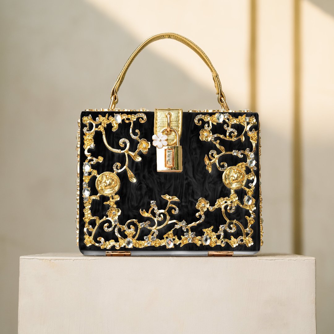 Luxury Gold Embellished Acrylic Evening Clutch Bag – Designer Box Purse for Weddings & Special Occasions - in Black | Arvea Bags