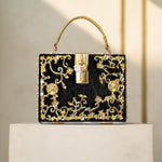 Luxury Gold Embellished Acrylic Evening Clutch Bag – Designer Box Purse for Weddings & Special Occasions - in Black | Arvea Bags