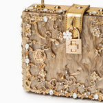 Luxury Gold Embellished Acrylic Evening Clutch Bag – Designer Box Purse for Weddings & Special Occasions - in Gold | Arvea Bags