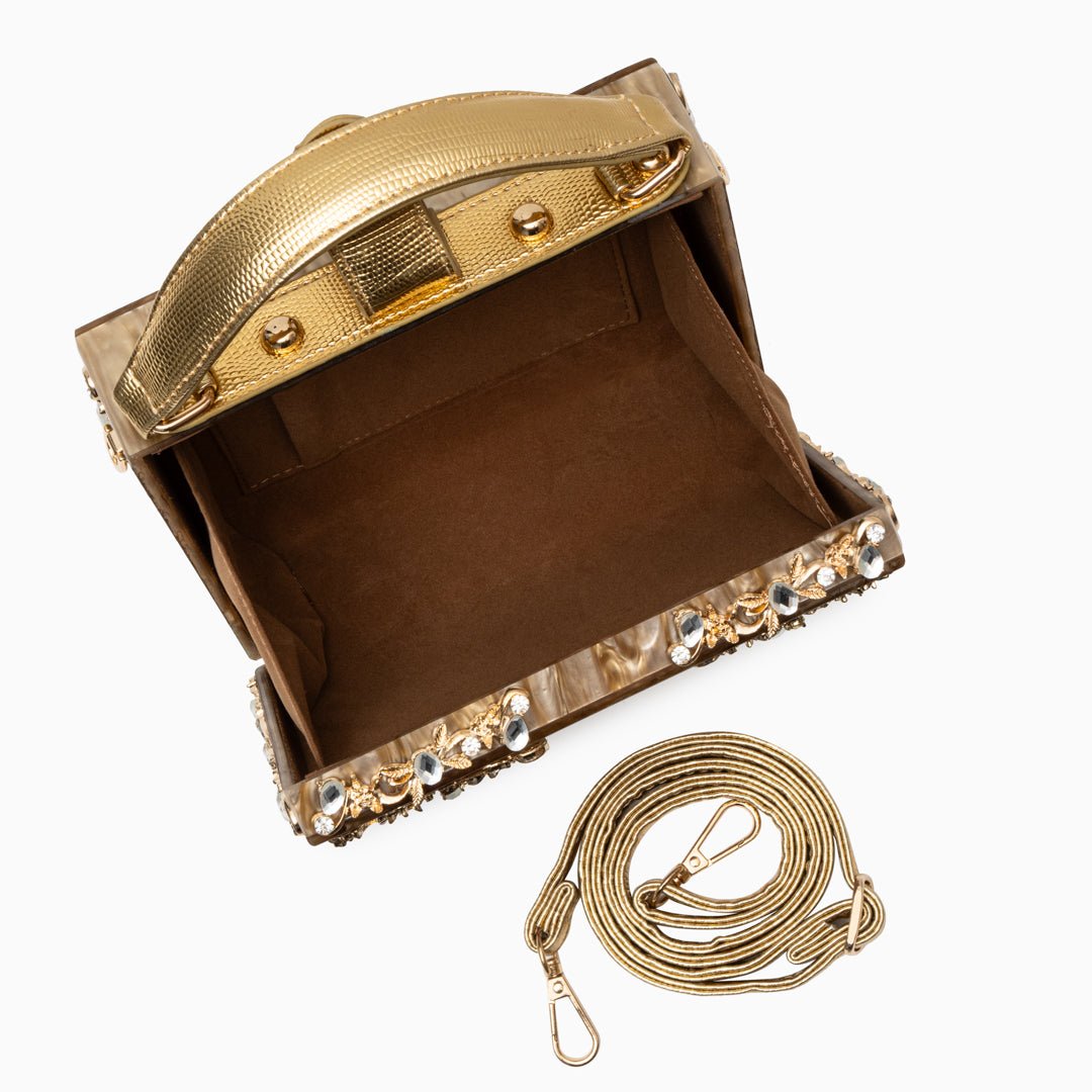 Luxury Gold Embellished Acrylic Evening Clutch Bag – Designer Box Purse for Weddings & Special Occasions - in Gold | Arvea Bags
