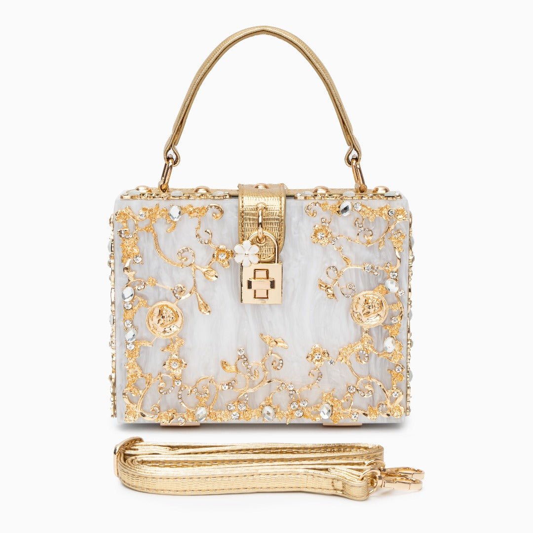 Luxury Gold Embellished Acrylic Evening Clutch Bag – Designer Box Purse for Weddings & Special Occasions - in Light Beige | Arvea Bags