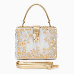 Luxury Gold Embellished Acrylic Evening Clutch Bag – Designer Box Purse for Weddings & Special Occasions - in Light Beige | Arvea Bags