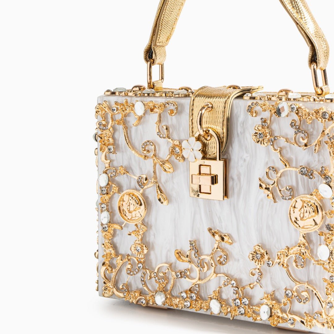 Luxury Gold Embellished Acrylic Evening Clutch Bag – Designer Box Purse for Weddings & Special Occasions - in Light Beige | Arvea Bags