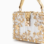 Luxury Gold Embellished Acrylic Evening Clutch Bag – Designer Box Purse for Weddings & Special Occasions - in Light Beige | Arvea Bags