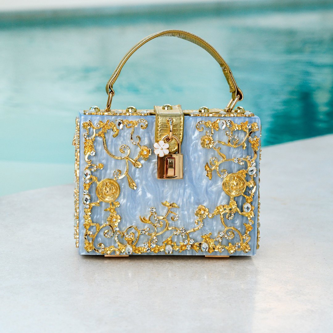 Luxury Gold Embellished Acrylic Evening Clutch Bag – Designer Box Purse for Weddings & Special Occasions - in Light Beige | Arvea Bags