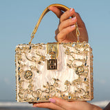 Luxury Gold Embellished Acrylic Evening Clutch Bag – Designer Box Purse for Weddings & Special Occasions - in Light Beige | Arvea Bags