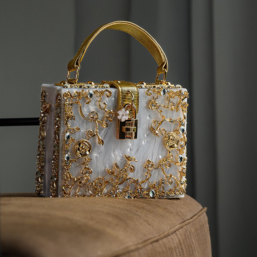 Luxury Gold Embellished Acrylic Evening Clutch Bag – Designer Box Purse for Weddings & Special Occasions - in Light Beige | Arvea Bags