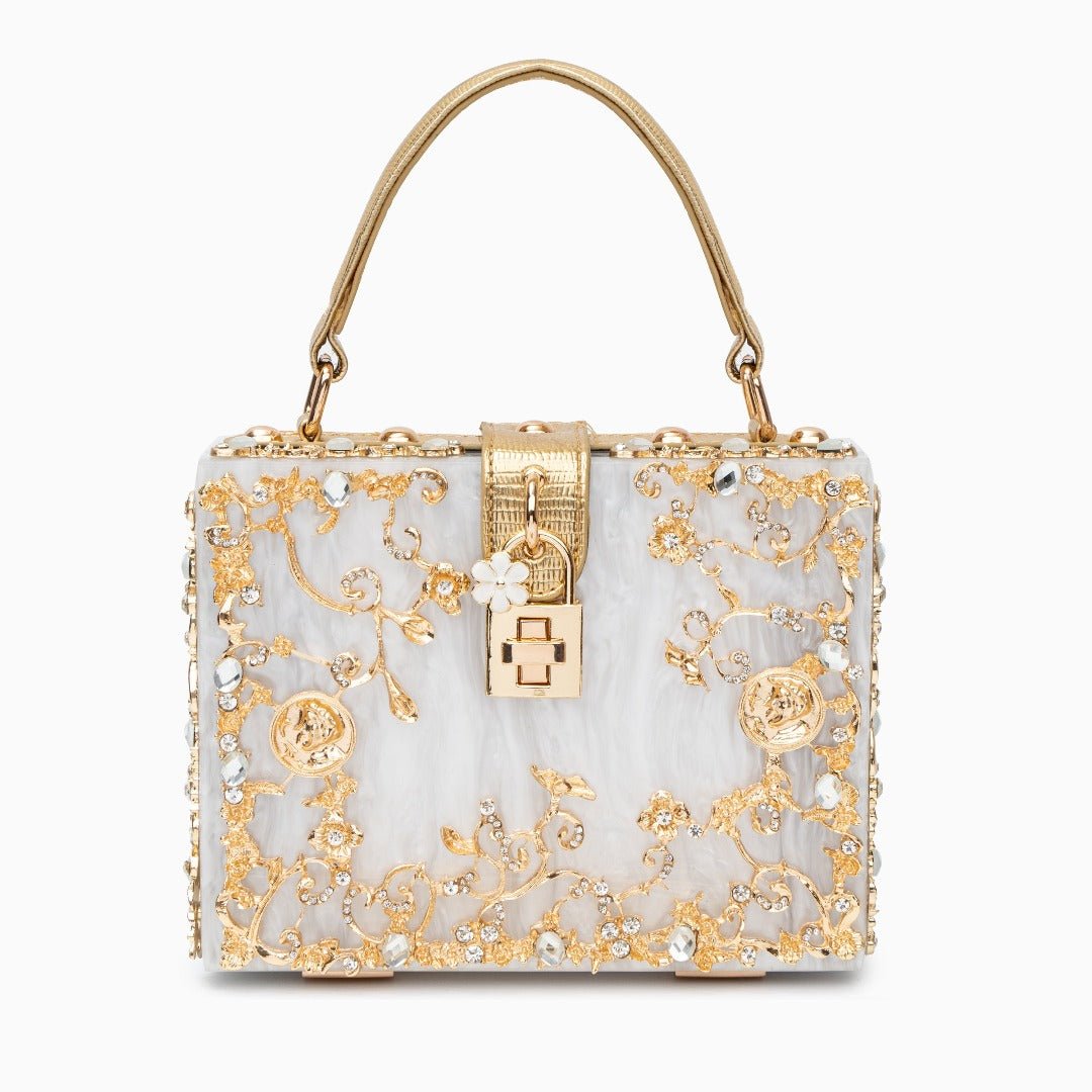 Luxury Gold Embellished Acrylic Evening Clutch Bag – Designer Box Purse for Weddings & Special Occasions - in Light Beige | Arvea Bags
