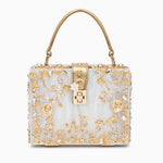 Luxury Gold Embellished Acrylic Evening Clutch Bag – Designer Box Purse for Weddings & Special Occasions - in Light Beige | Arvea Bags