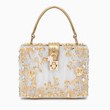 Luxury Gold Embellished Acrylic Evening Clutch Bag – Designer Box Purse for Weddings & Special Occasions - in Light Beige | Arvea Bags