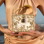 Luxury Gold Embellished Acrylic Evening Clutch Bag – Designer Box Purse for Weddings & Special Occasions - in Light Beige | Arvea Bags