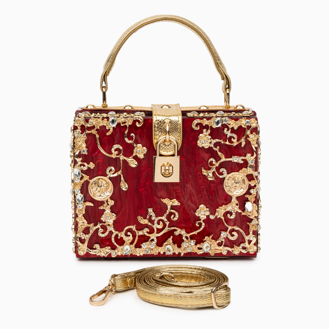 Luxury Gold Embellished Acrylic Evening Clutch Bag – Designer Box Purse for Weddings & Special Occasions - in Red | Arvea Bags