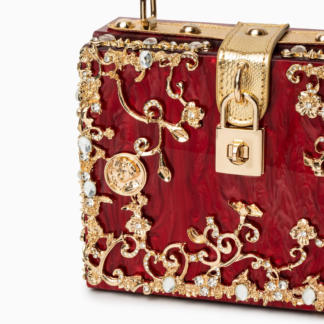 Luxury Gold Embellished Acrylic Evening Clutch Bag – Designer Box Purse for Weddings & Special Occasions - in Red | Arvea Bags