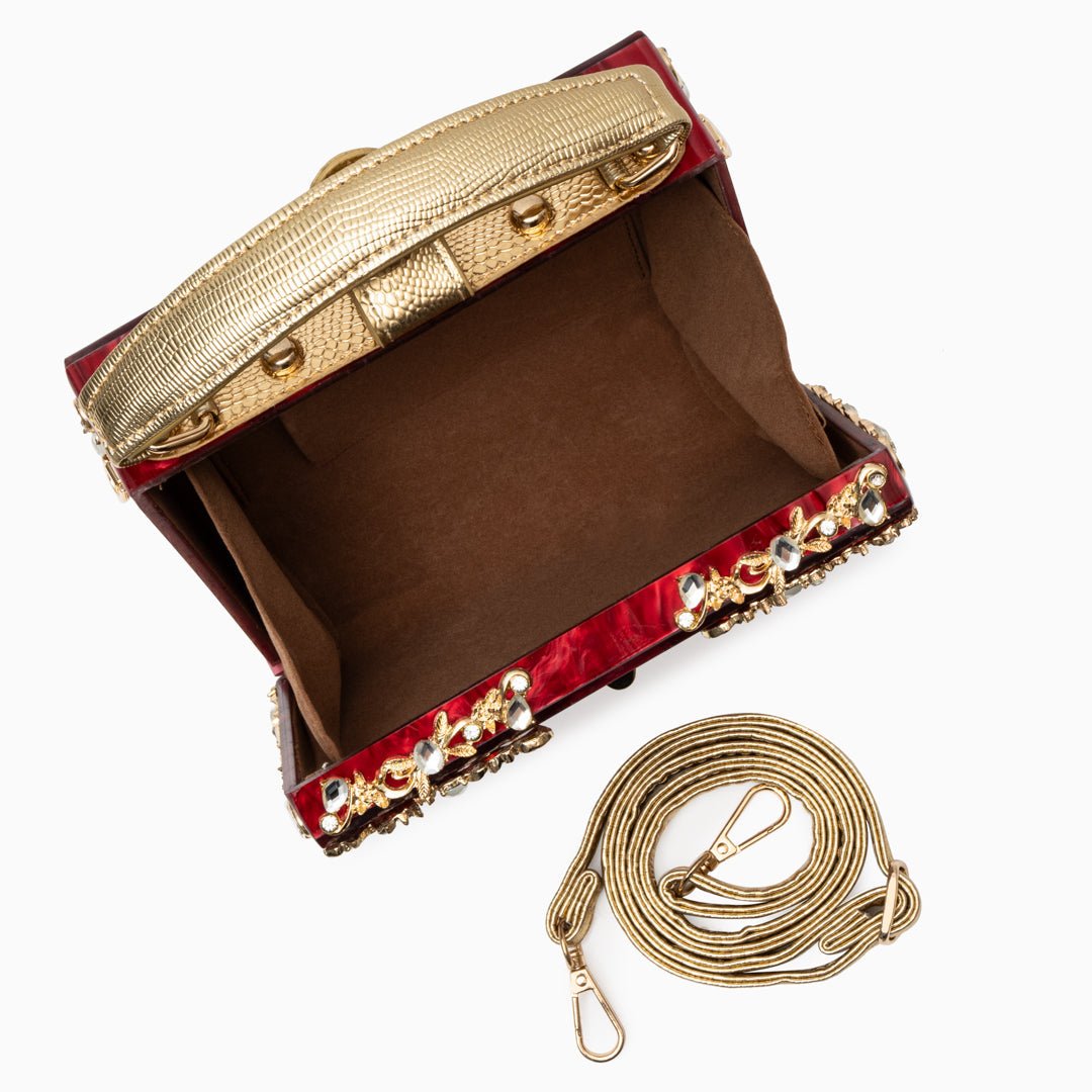 Luxury Gold Embellished Acrylic Evening Clutch Bag – Designer Box Purse for Weddings & Special Occasions - in Red | Arvea Bags