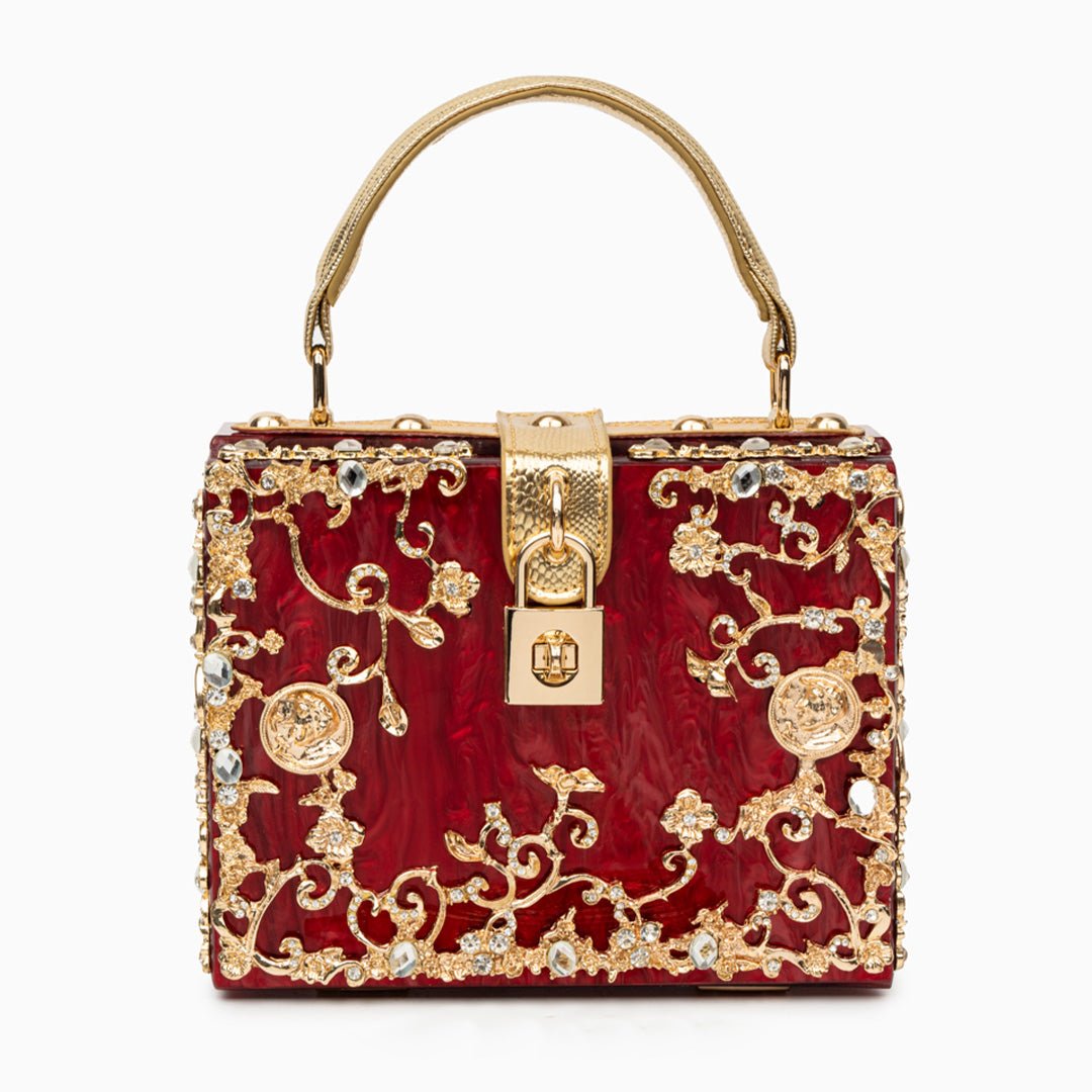 Luxury Gold Embellished Acrylic Evening Clutch Bag – Designer Box Purse for Weddings & Special Occasions - in Red | Arvea Bags