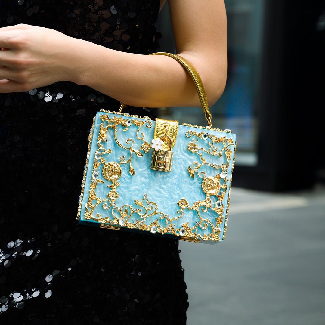 Luxury Gold Embellished Acrylic Evening Clutch Bag – Designer Box Purse for Weddings & Special Occasions - in Sky Blue | Arvea Bags