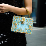 Luxury Gold Embellished Acrylic Evening Clutch Bag – Designer Box Purse for Weddings & Special Occasions - in Sky Blue | Arvea Bags