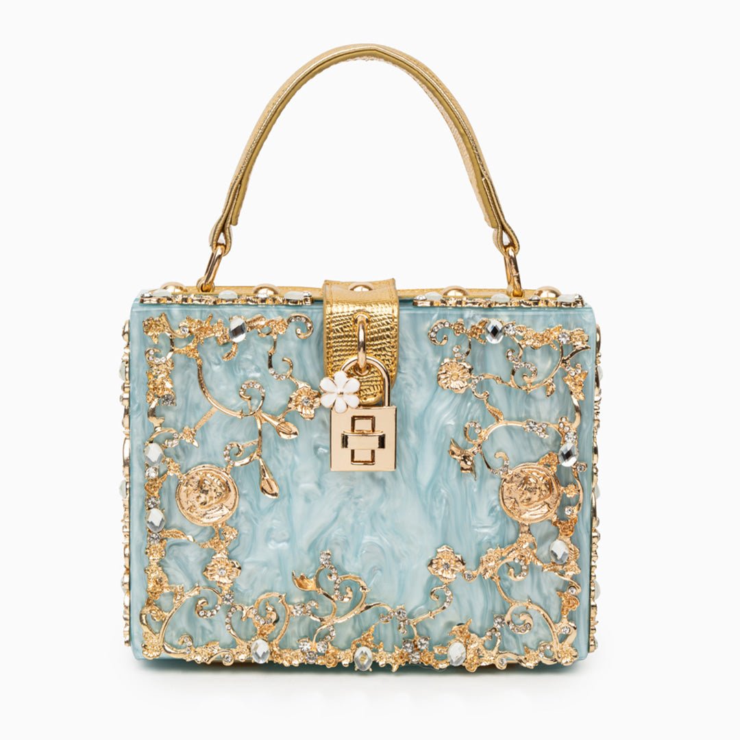 Luxury Gold Embellished Acrylic Evening Clutch Bag – Designer Box Purse for Weddings & Special Occasions - in Sky Blue | Arvea Bags
