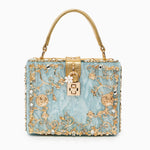 Luxury Gold Embellished Acrylic Evening Clutch Bag – Designer Box Purse for Weddings & Special Occasions - in Sky Blue | Arvea Bags