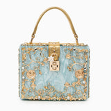 Luxury Gold Embellished Acrylic Evening Clutch Bag – Designer Box Purse for Weddings & Special Occasions - in Sky Blue | Arvea Bags